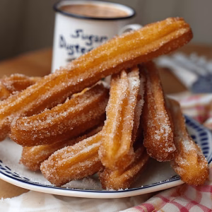 a Stack of sugar dusted churros on a plate. They are golden yellow and brown and there is a coffee mug in the background