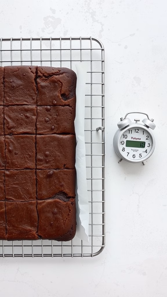 Cool brownies on a rack, marked into squares with a timer beside them