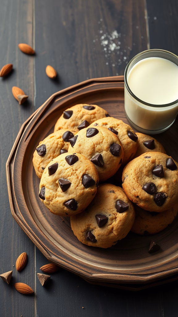 Plate of almond flour chocolate chip cookies with a glass of milk