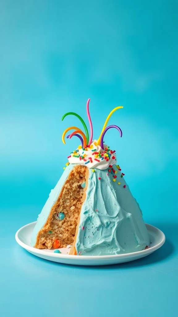 A colorful cake shaped like a volcano with blue frosting and candy straws erupting sprinkles.