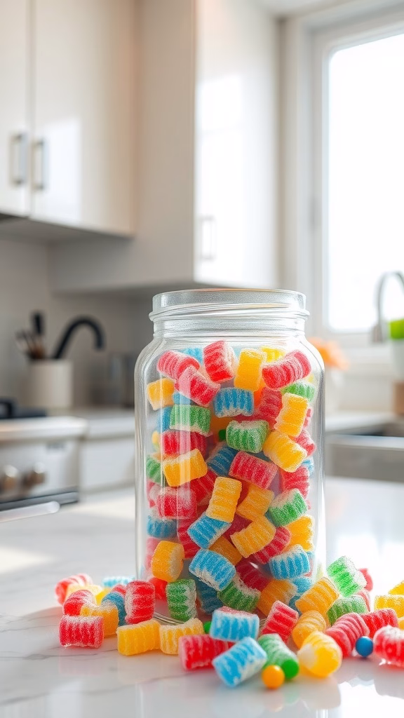 Colorful candy crystals in a jar, showcasing a sweet science experiment.