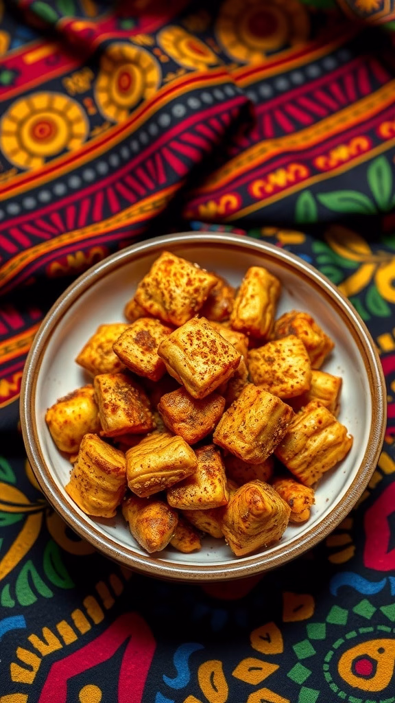A bowl of crispy Chin Chin snacks with a colorful traditional African patterned background.