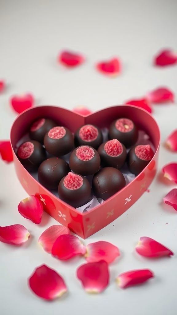 Chocolate-covered raspberry truffles in a heart-shaped box with rose petals