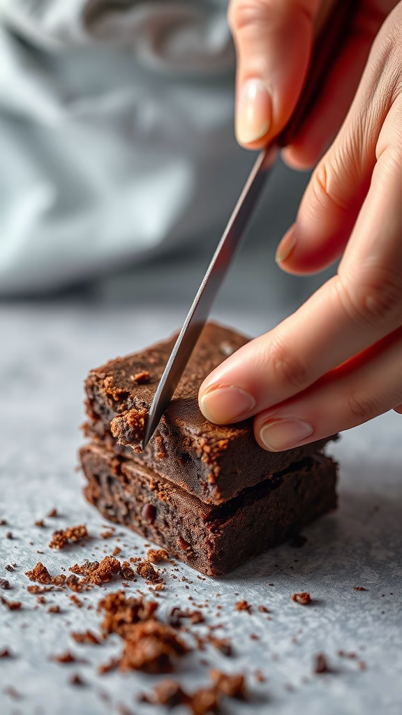 A hand using a serrated knife to cut a brownie, showcasing a neat sawing motion for perfect slices.