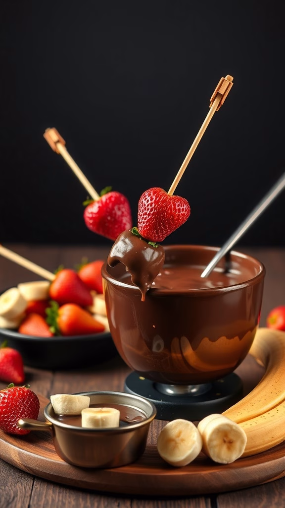 A rich chocolate fondue served with fresh strawberries and banana slices, perfect for a Valentine’s Day family treat.