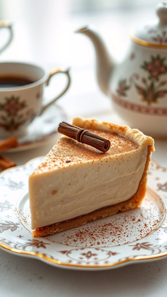 A slice of creamy milktart topped with a cinnamon stick, served on a decorative plate next to a cup of tea.