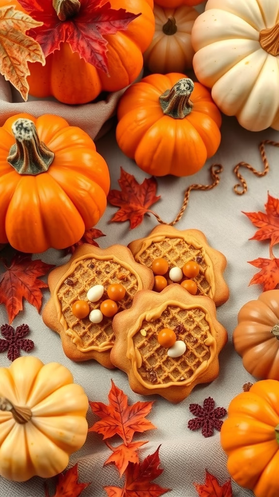 A fall-themed scene with pumpkin spice cookies surrounded by pumpkins and autumn leaves.