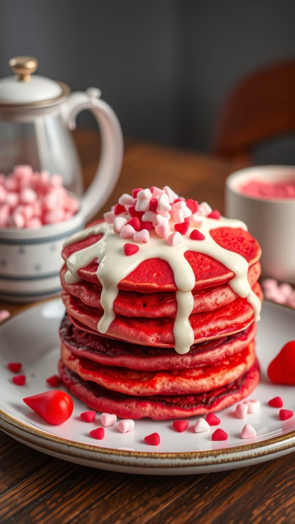 Red velvet pancakes stacked and drizzled with cream cheese icing, garnished with heart-shaped sprinkles.
