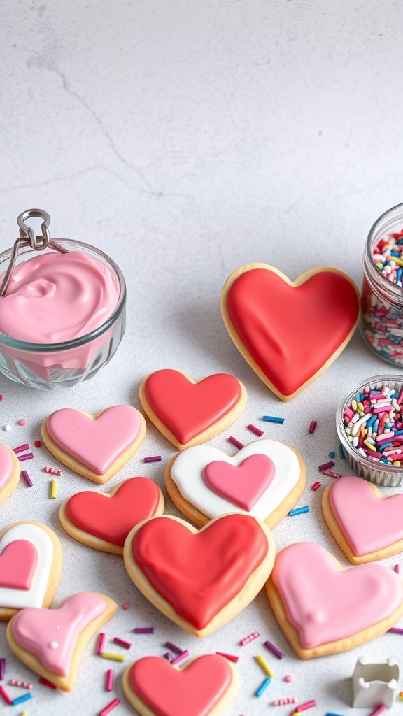 Heart-shaped cookies decorated with pink and red icing and sprinkles.