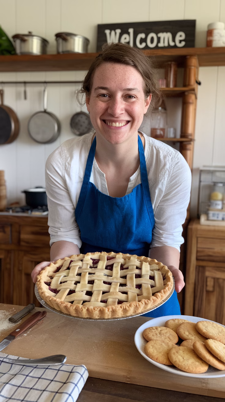 A women holding a pie she made in the kitchen using a Submit Your Dessert Recipe
