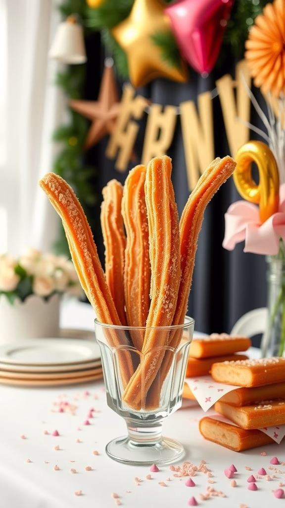 A glass filled with churros on a decorated table for a festive occasion.