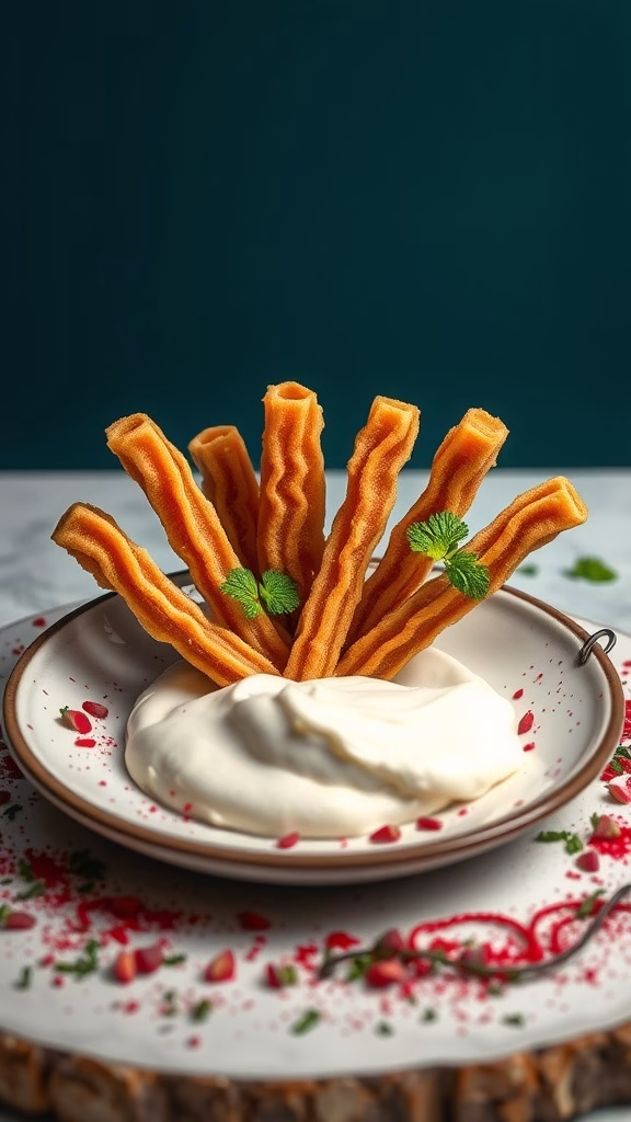 A plate of churros with whipped cream and garnishes.