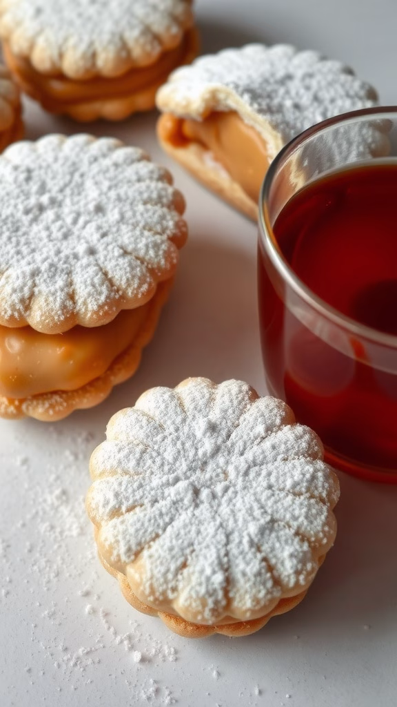 Alfajores filled with dulce de leche, dusted with powdered sugar.