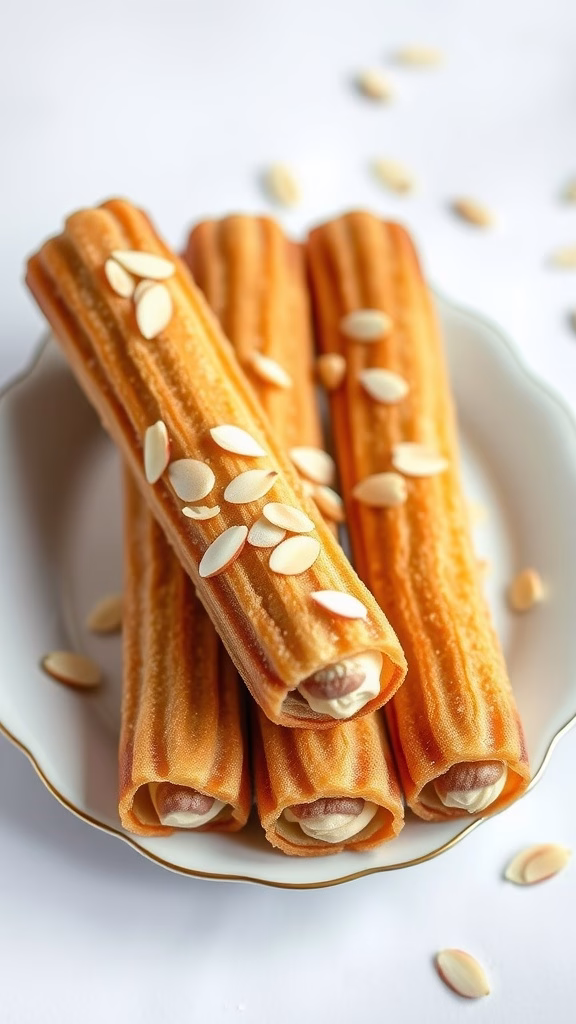 Almond cream-filled churros on a plate, topped with sliced almonds