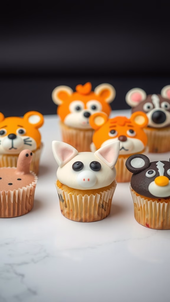 Colorful animal face cupcakes decorated with frosting and candies.