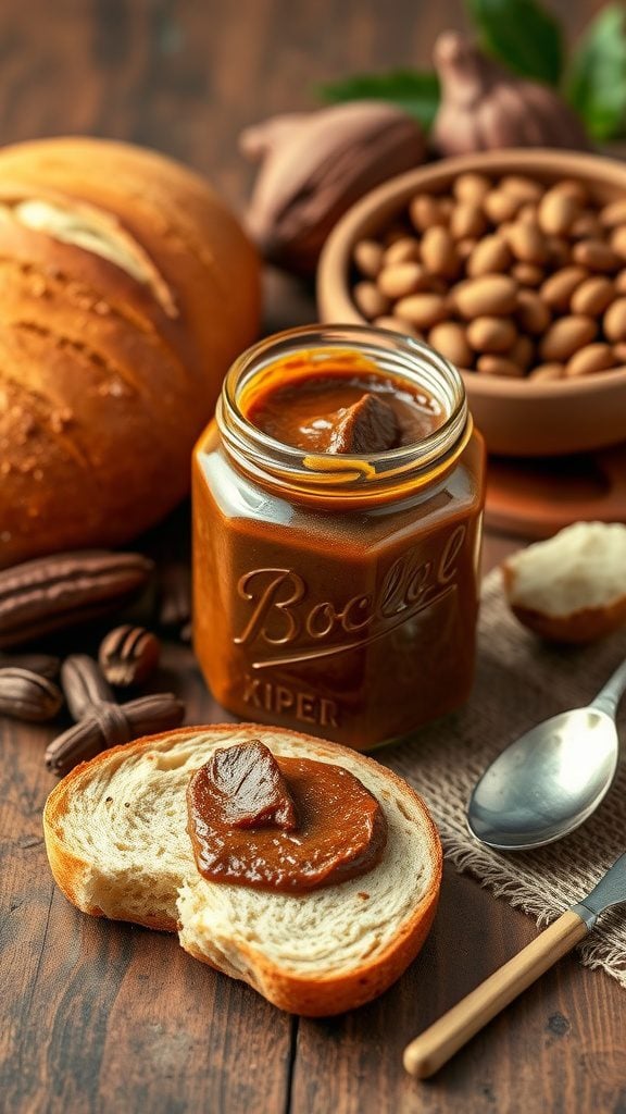A jar of arequipe spread on a slice of bread with nuts in the background.