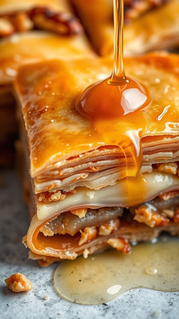 Baklava with syrup drizzling on top