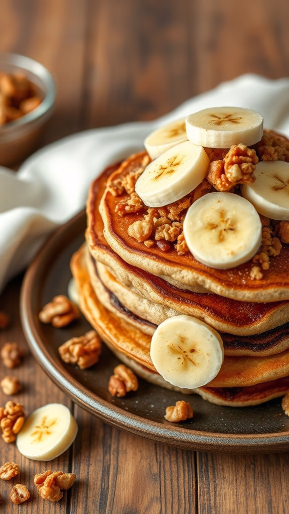 Delicious banana bread pancakes topped with walnut crumble and banana slices