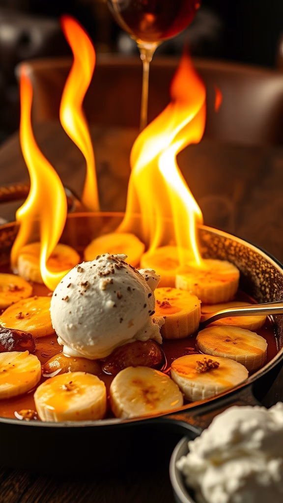 A skillet of bananas foster flambé with ice cream and flames