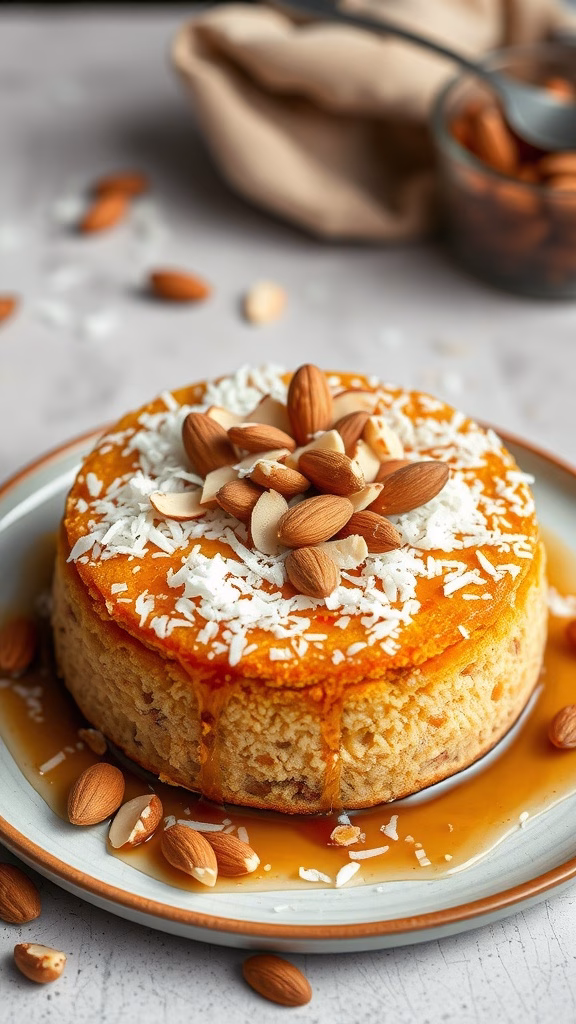 A delicious plate of Basbousa topped with almonds and coconut.