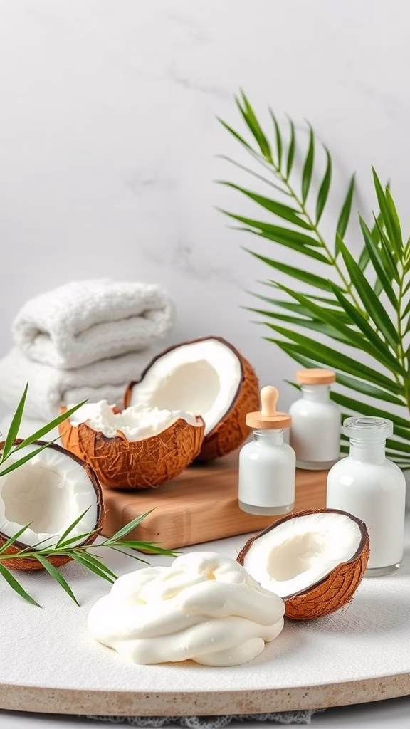 Coconut yogurt with coconuts and natural elements around