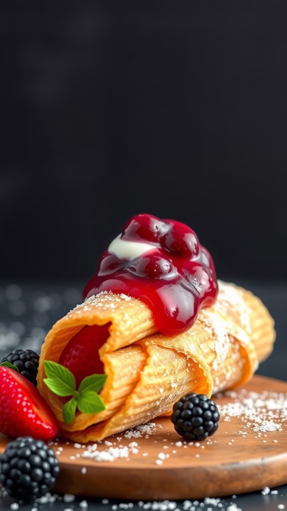 Churros filled with berry compote and topped with mixed berries