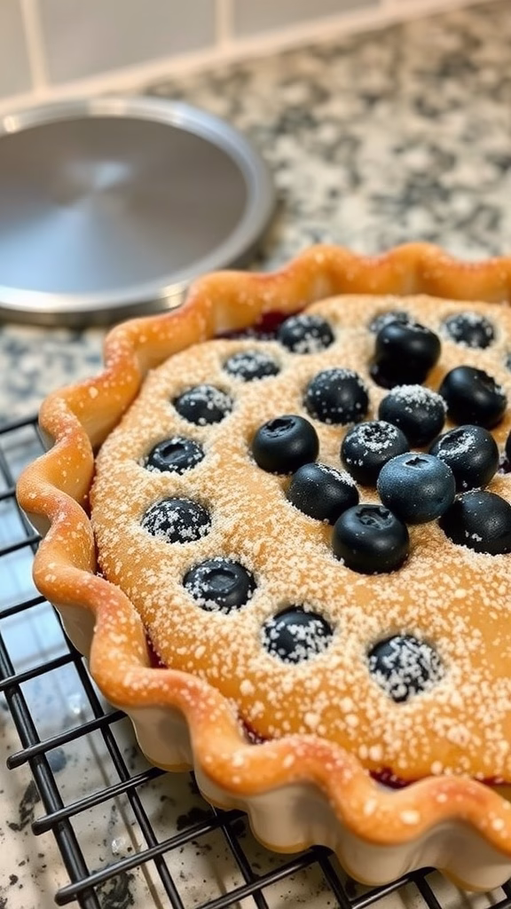 A freshly baked blueberry pie with a golden sugar crust.