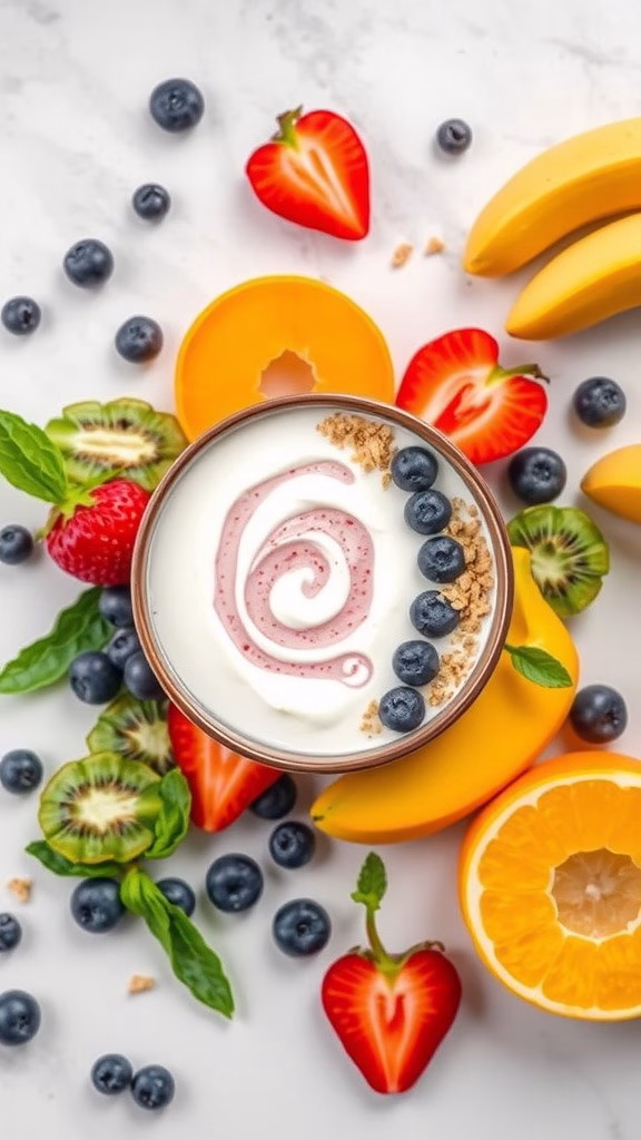 A bowl of coconut yogurt topped with fruits and nuts, surrounded by fresh fruits.