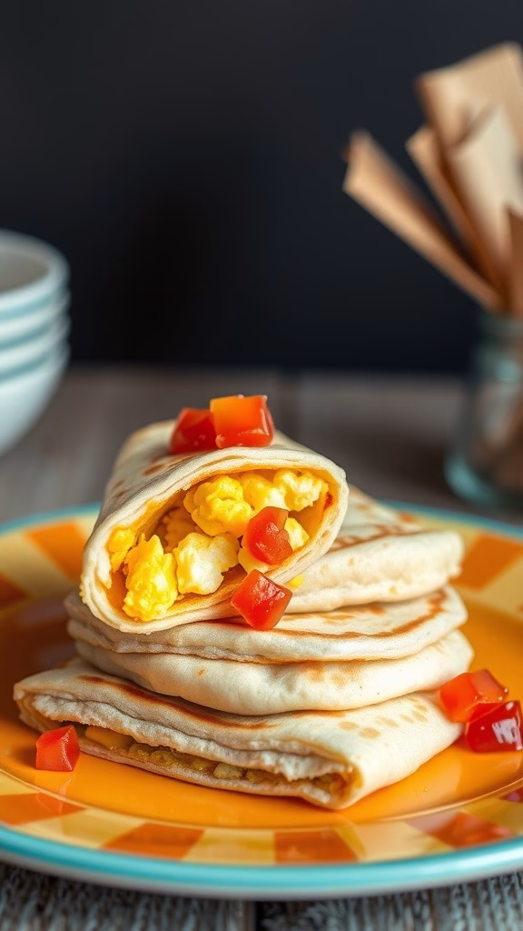 A stack of pancakes filled with scrambled eggs and diced vegetables.