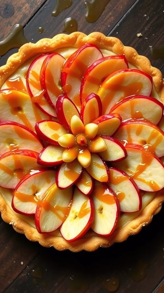 Caramel Apple Blossom Tart with decorative apple slices and caramel drizzle