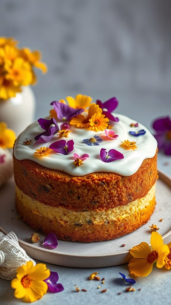 A beautifully decorated cardamom and saffron cake topped with edible flowers.