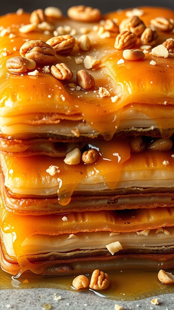 Delicious cardamom honey baklava with layers of nuts and syrup.