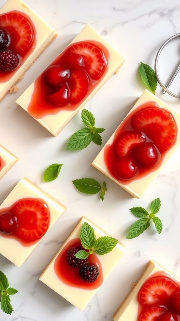 Cheesecake bars topped with fresh fruit and a glossy glaze