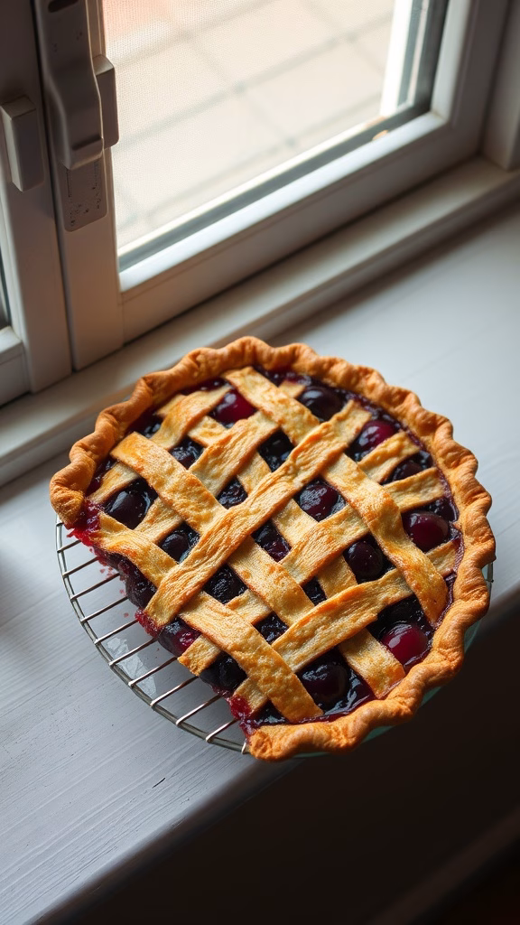 A freshly baked cherry pie with a lattice crust cooling on a wire rack.