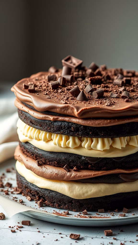 Delicious Choco-Vanilla Layer Cake with chocolate ganache and decorative chocolate shavings