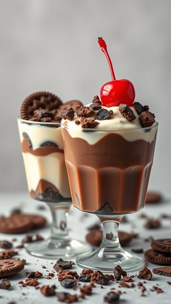 Choco-Vanilla Pudding Cups with cherries and cookie crumbs