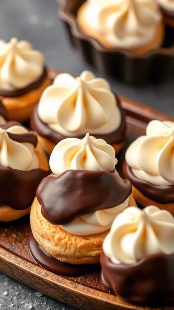 Delicious chocolate dipped vanilla cream puffs on a wooden platter