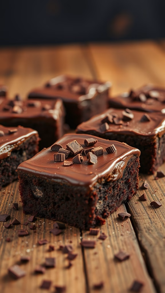 Chocolate frosted mini brownies on a wooden surface.