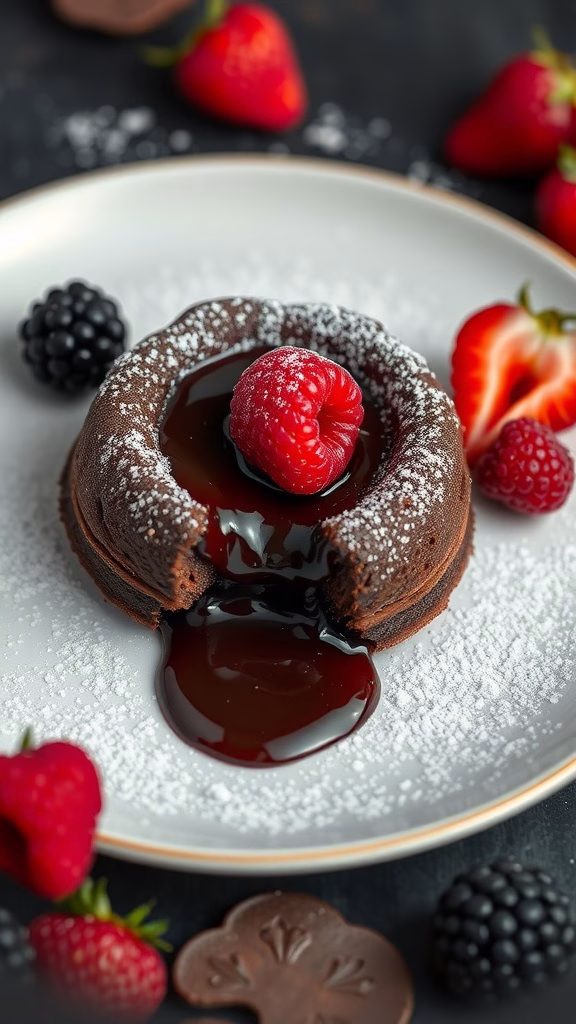 Chocolate lava cake with a molten center, garnished with fresh berries.