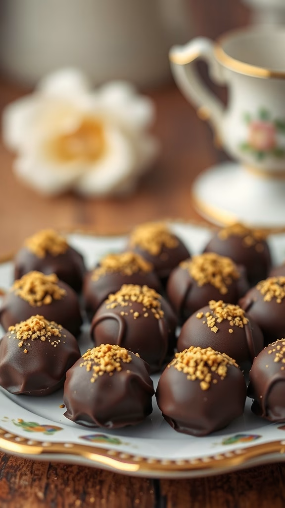 Chocolate truffles dusted with edible gold on a decorative plate