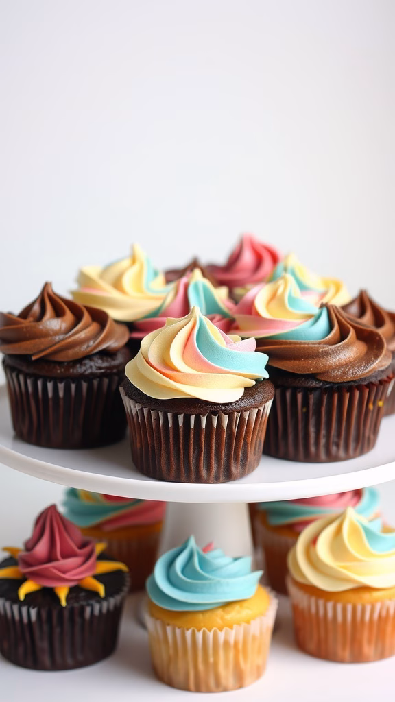 Delicious chocolate vanilla cupcakes with colorful frosting.