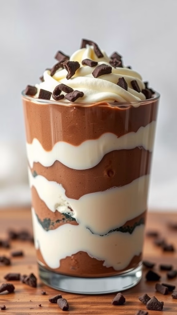 A layered dessert featuring chocolate and vanilla mousse in a clear glass, garnished with whipped cream and chocolate shavings.