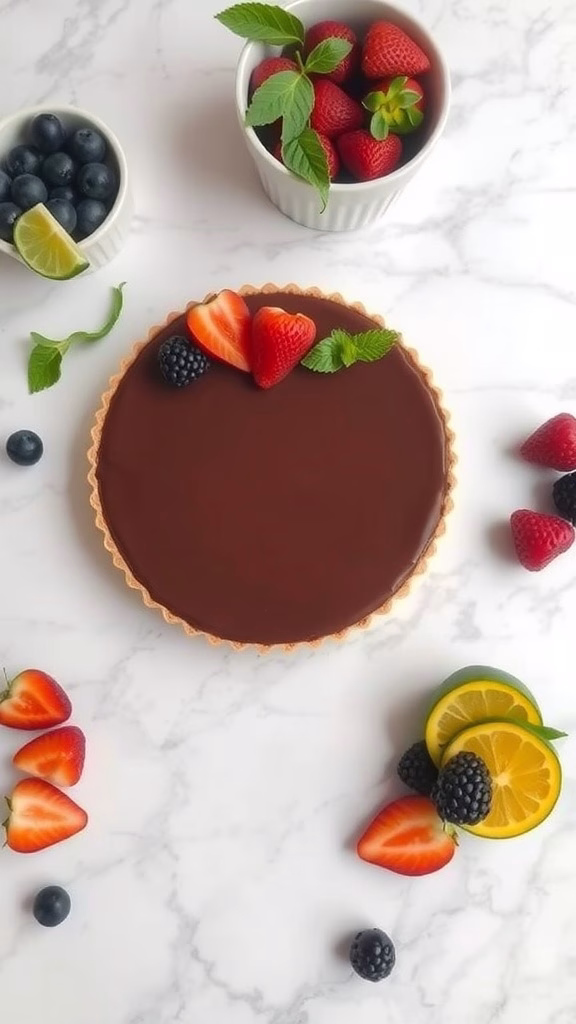 A delicious chocolate and vanilla tart topped with fresh berries.