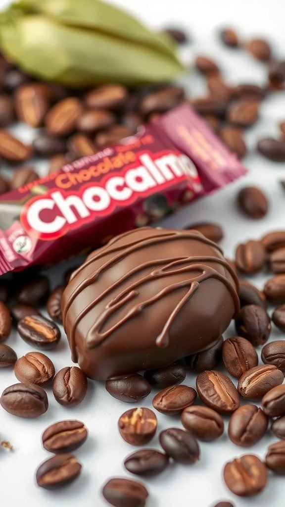 Chocoramo chocolate-covered snack surrounded by coffee beans