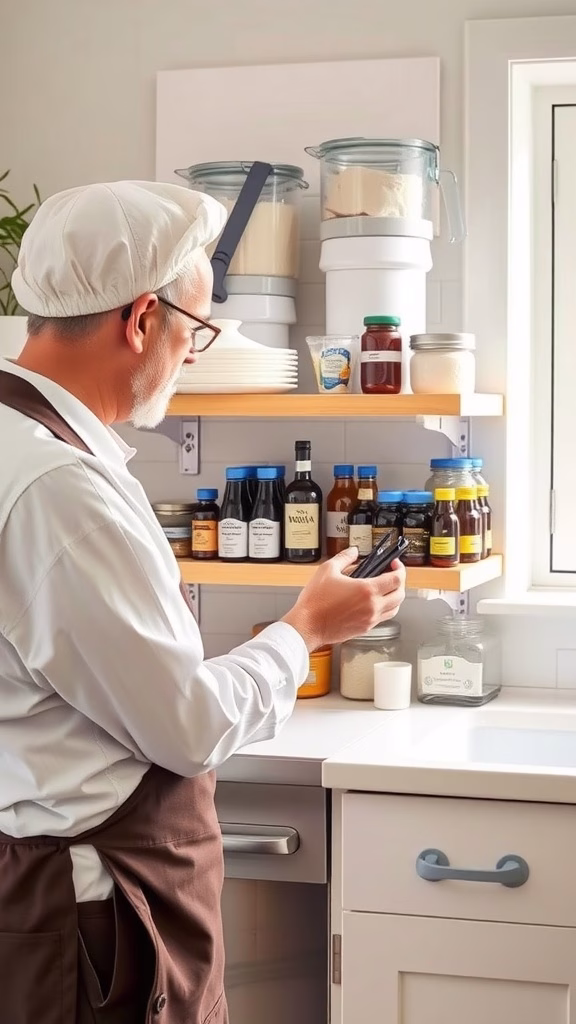 A chef in a cozy kitchen looking at ingredients on a shelf, with various jars of spices and extracts.