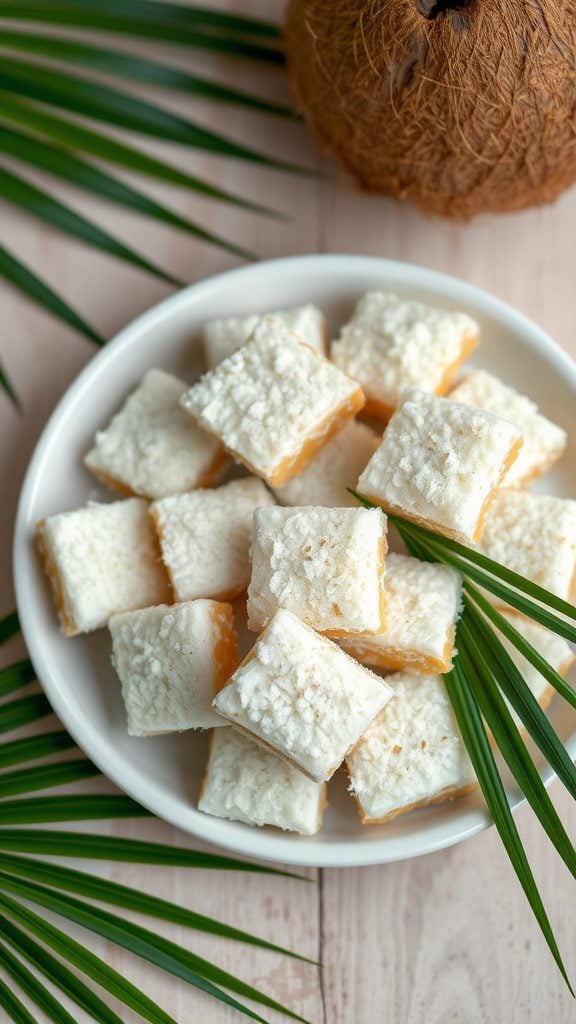 A plate of coconut treats, known as cocadas, cut into squares and garnished with coconut flakes.