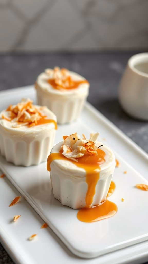 Coconut caramel mousse cups with caramel drizzle and toasted coconut flakes.