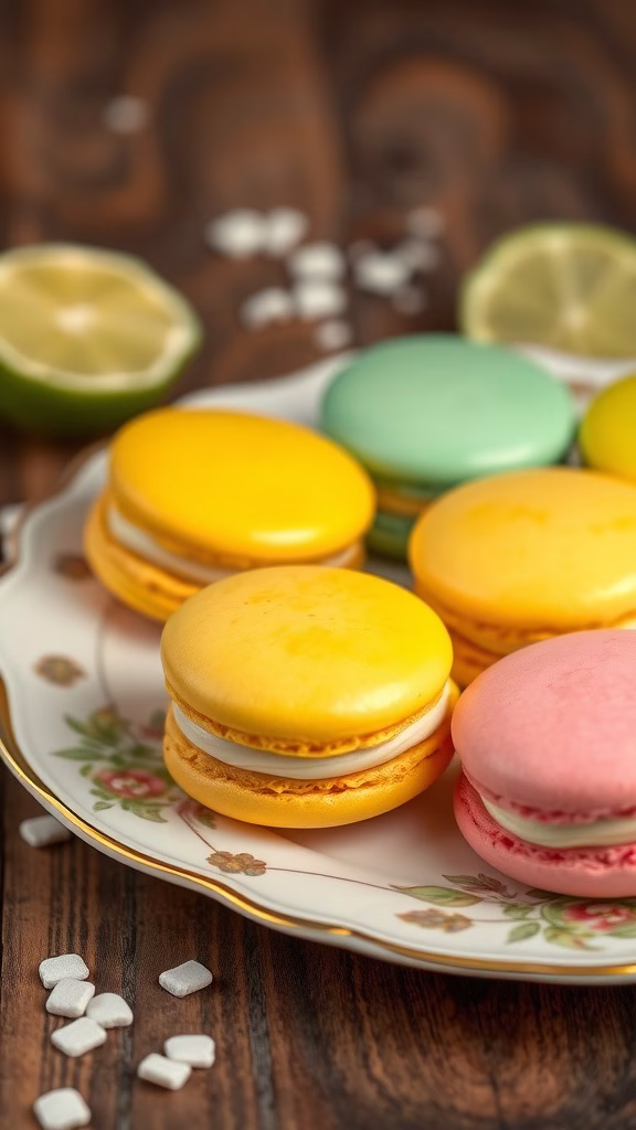 Colorful coconut cream macarons on a plate with lime slices