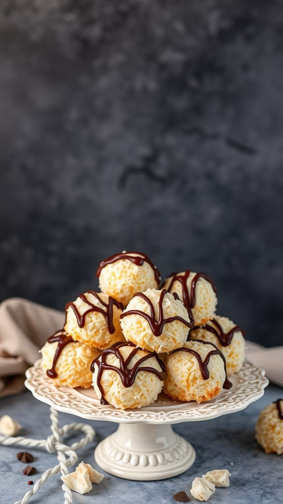 Delicious coconut macaroon bites drizzled with chocolate on a decorative plate.