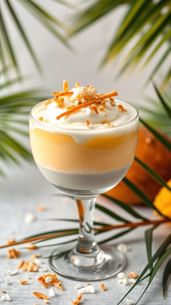 A beautiful glass of coconut mango mousse topped with toasted coconut flakes and a hint of tropical decor.